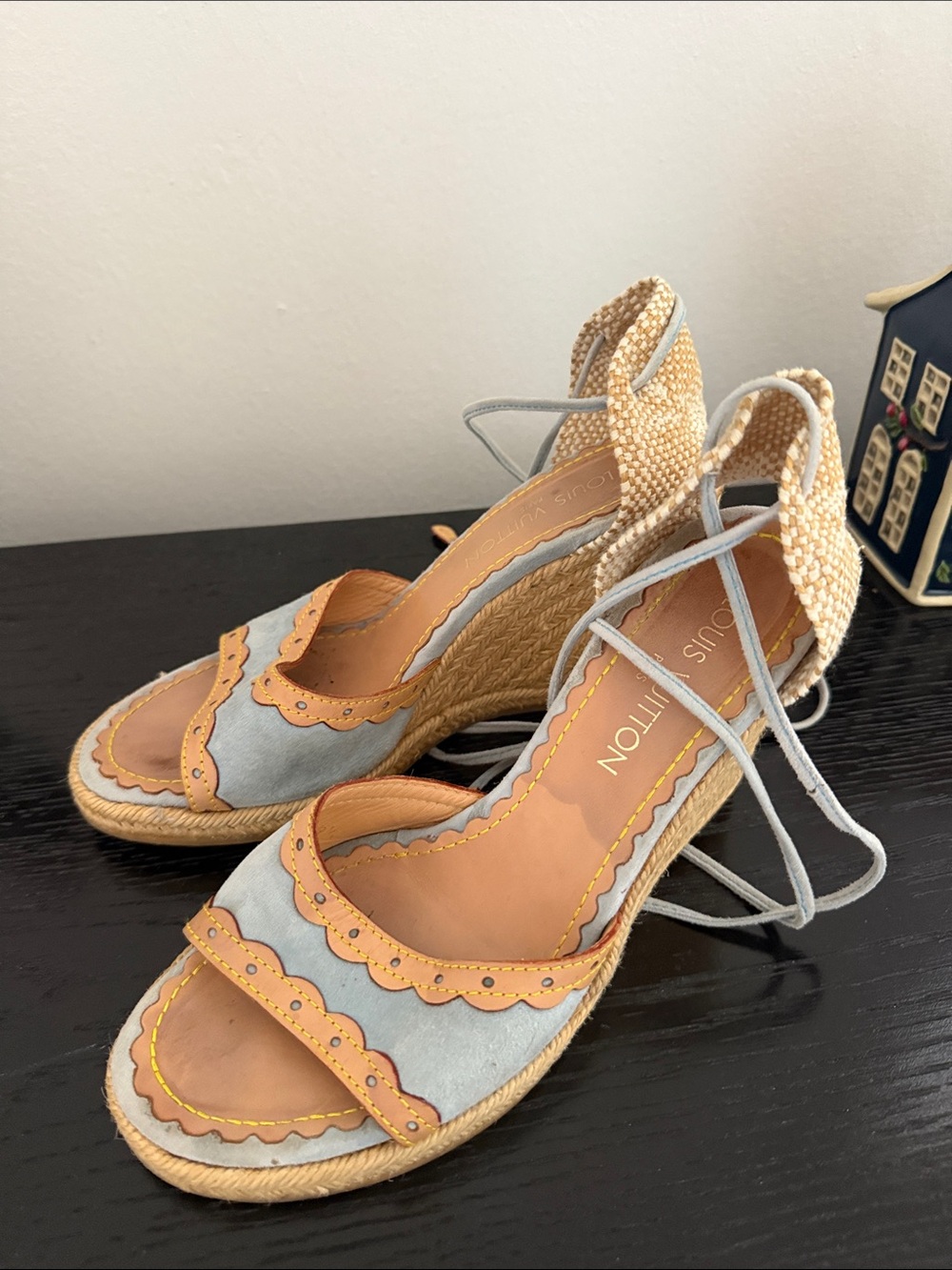 Louis Vuitton Scalloped Espadrille Wedge Sandals - Blue & Tan 8.5